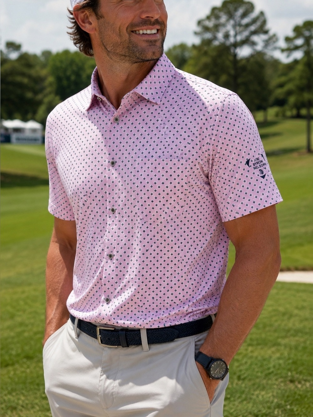 Mizzen+Main Leeward Pink Performance Button Front Shirt Byron Nelson Large
